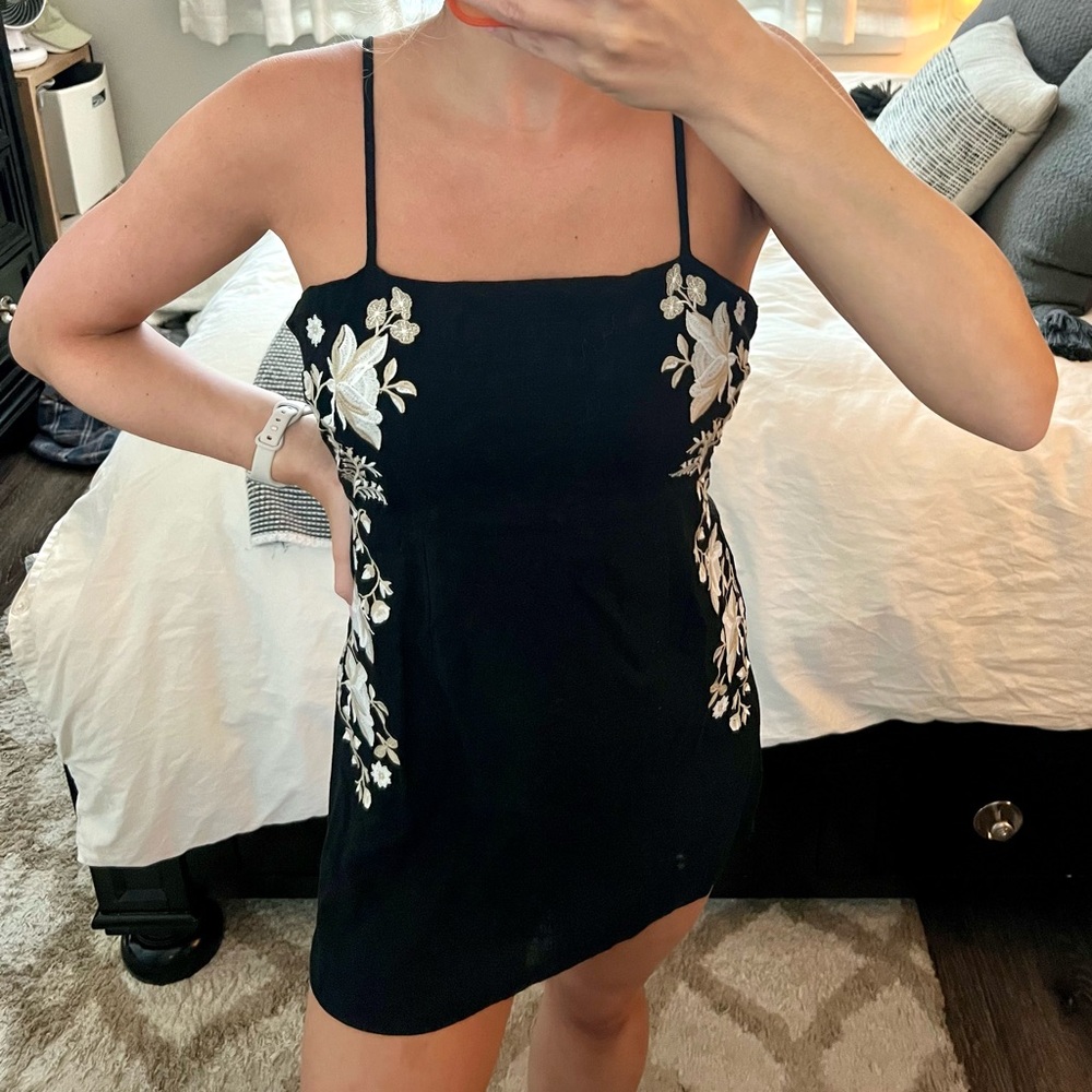 Lightweight Black Floral Embroidered Linen Mini Dress